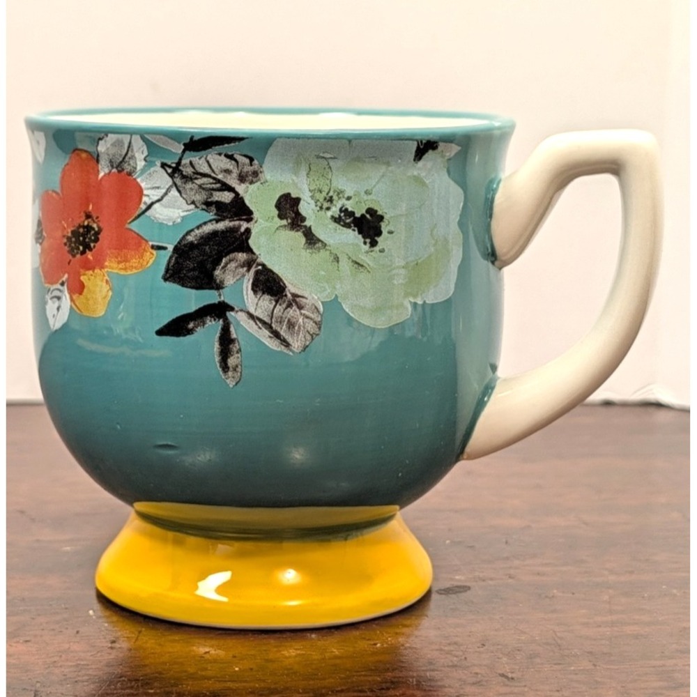 Pioneer Woman Flea Market Turquoise & Yellow Floral Footed Mug 15oz Coffee Cup